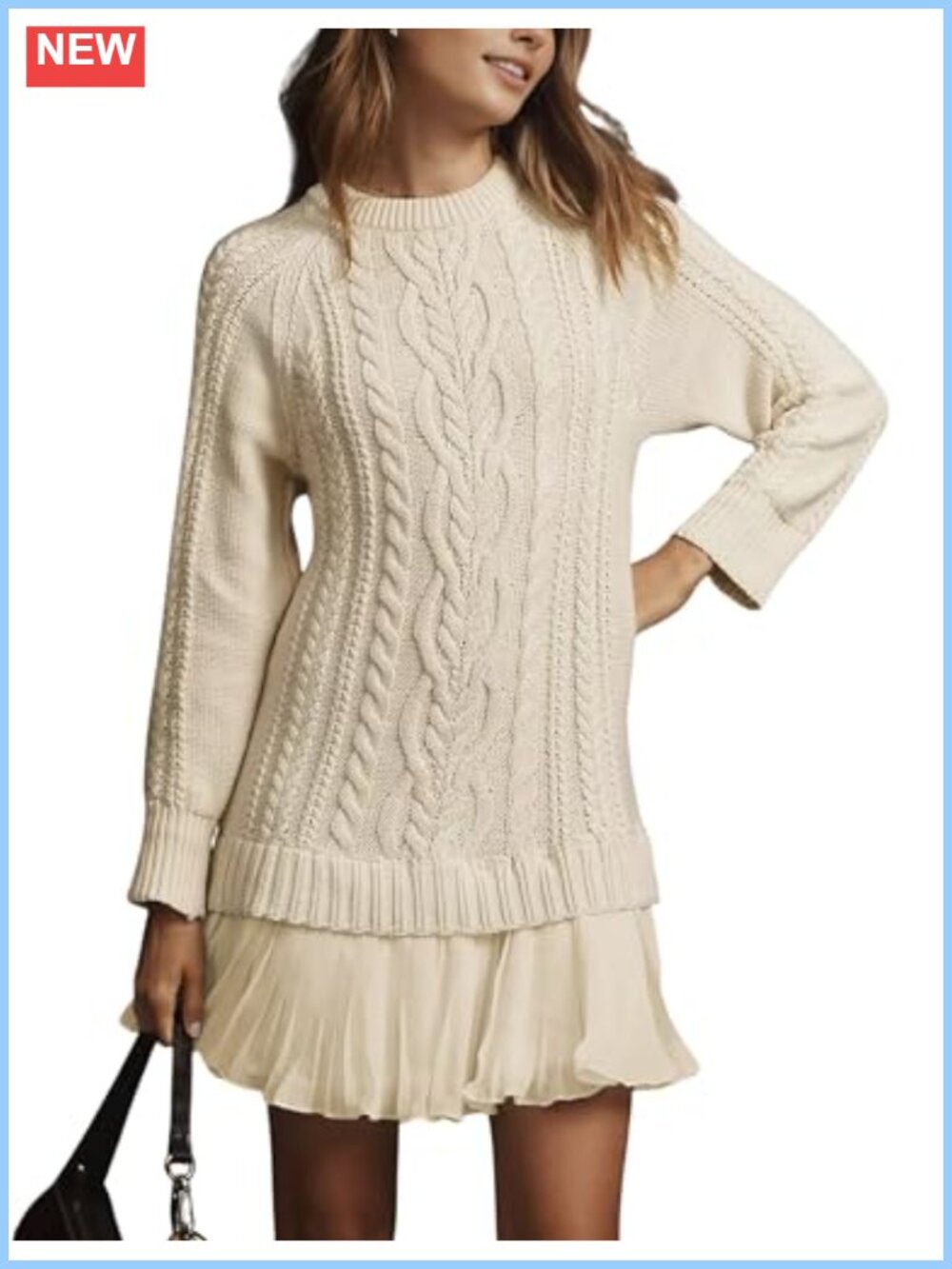 Women Cable Knit Sweater Dress Crewneck Long Sleeve Pleated Mini Twofer